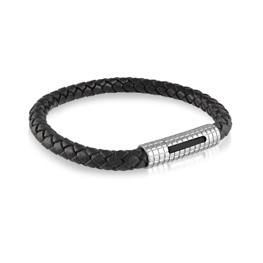 Italgem Stainless Steel and Black Leather 8" Bracelet.