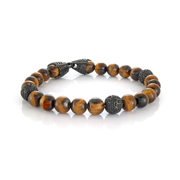 Italgem Steel Black IP Stainless Steel Textured Design 8mm Brown Tiger’s Eye 8.5" Bracelet