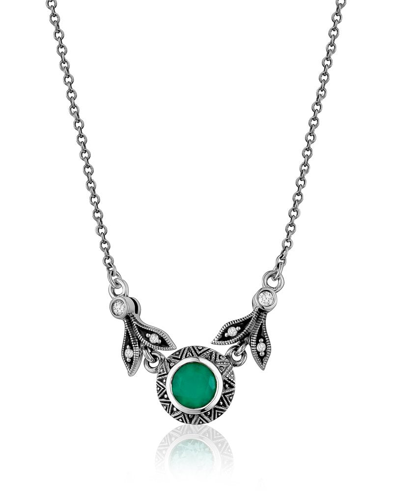 Larus Sterling Silver 18 Marcasite &amp; Green chalcedony Necklace