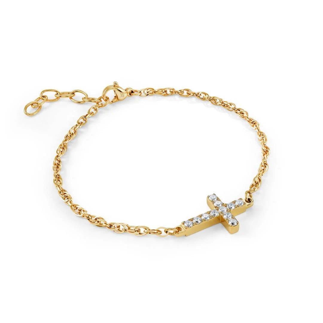 Veloria Stainless steel Gold IP 7.5" C.z Cross Bracelet.