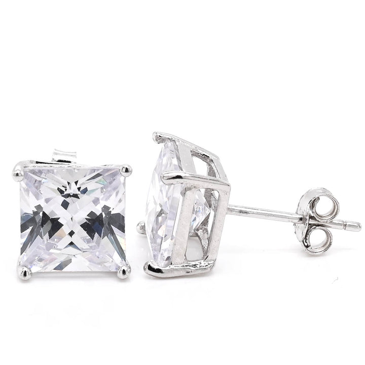 Graziella Sterling Silver 8mm Princess Cut Cubic Zirconia Stud Earrings
