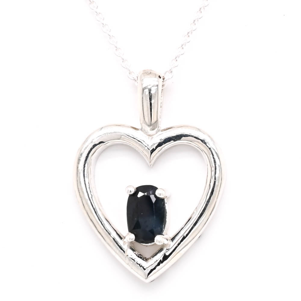 Graziella Sterling Silver 18 0.50CT Oval Blue Sapphire Heart Necklace