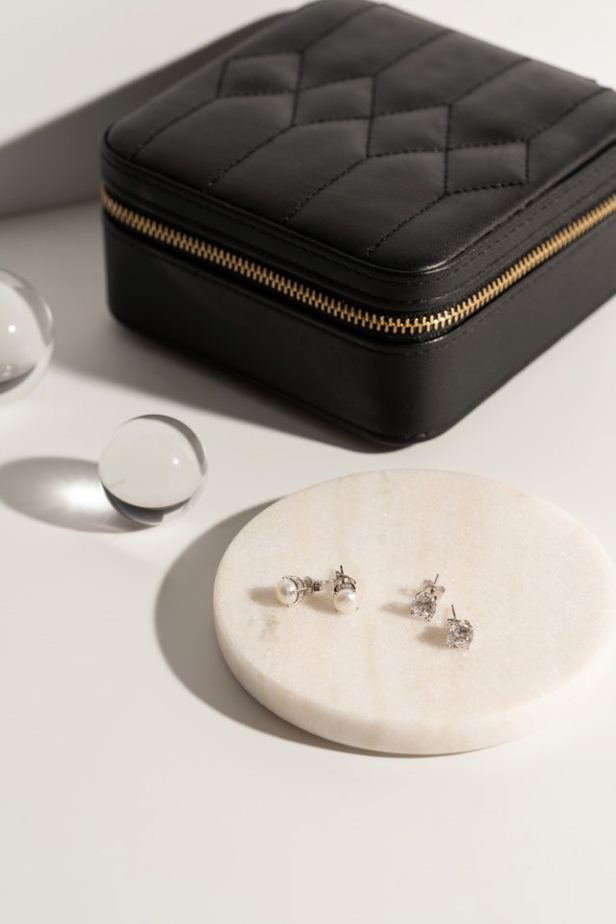 Sterling Silver 6.5MM C.Z Stud Earrings and 6-6.5MM Freshwater Pearl Stud Earrings with Black Travel Case.