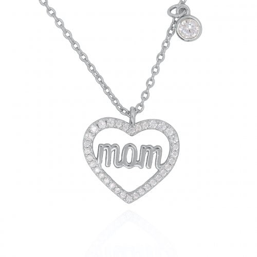 Graziella Sterling Silver 17 MOM Halo Cubic Zirconia Heart Necklace