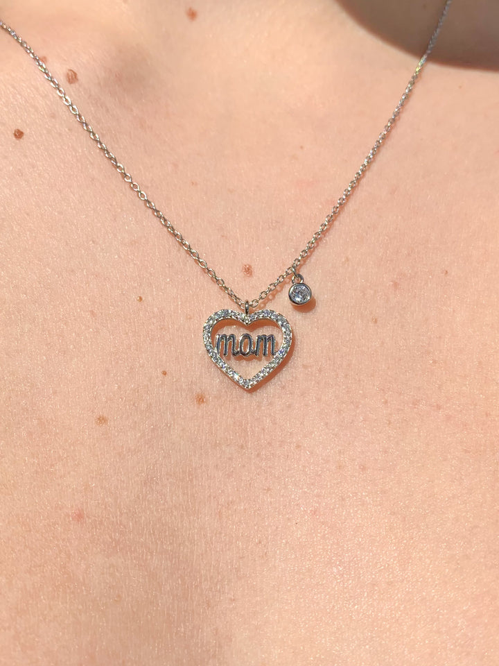 Graziella Sterling Silver 17 MOM Halo Cubic Zirconia Heart Necklace