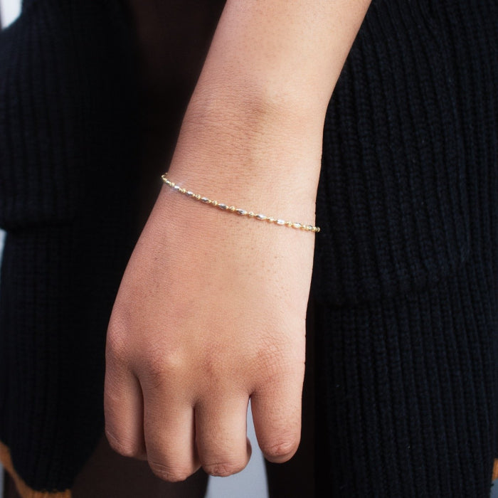 2025 Black Friday Special Sterling Silver Two Tone 7.5" 2mm Oval & Moon Bead Bracelet.