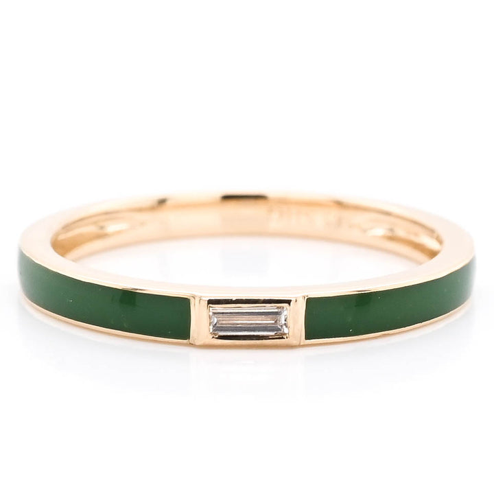 Graziella 14KT Yellow Gold 0.05CT Baguette Diamond &amp; Green Enamel Ring - Size 6.5