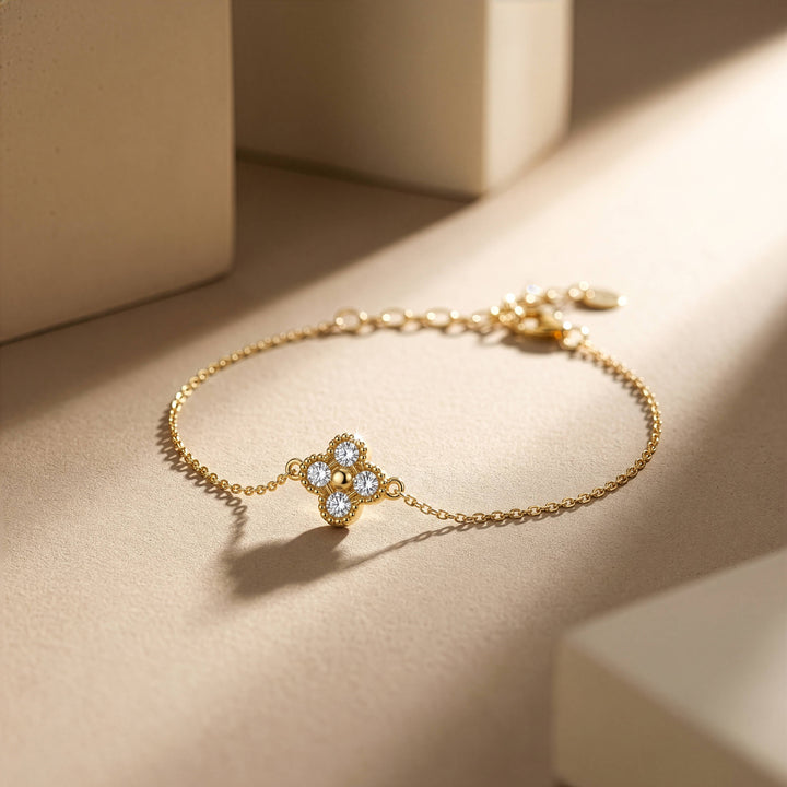 Graziella Sterling Silver Gold Vermeil 7.5" 0.20CTW Modern Responsibly Grown Diamond Clover Bracelet.
