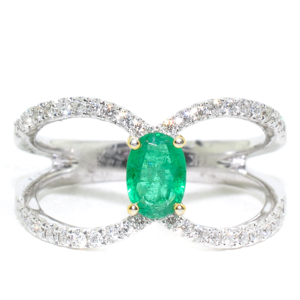 Graziella 14KT White Gold Emerald &amp; Diamond Ring - Size 7
