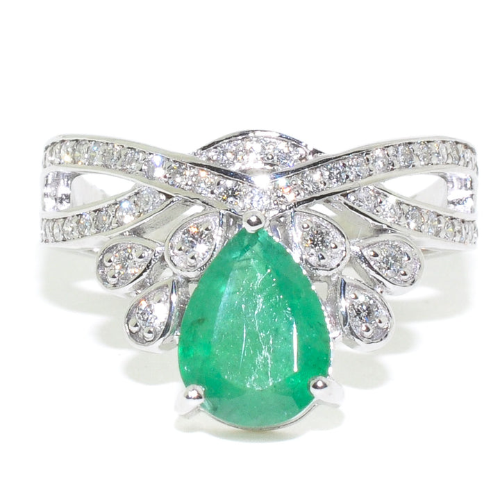 Graziella 14KT White Gold Emerald &amp; Diamond Ring - Size 6.5