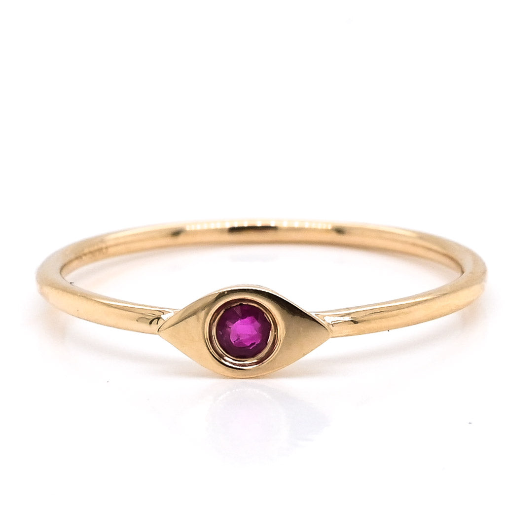 Graziella 14KT Yellow Gold 0.05CT Round Ruby Evil Eye Ring - Size 6