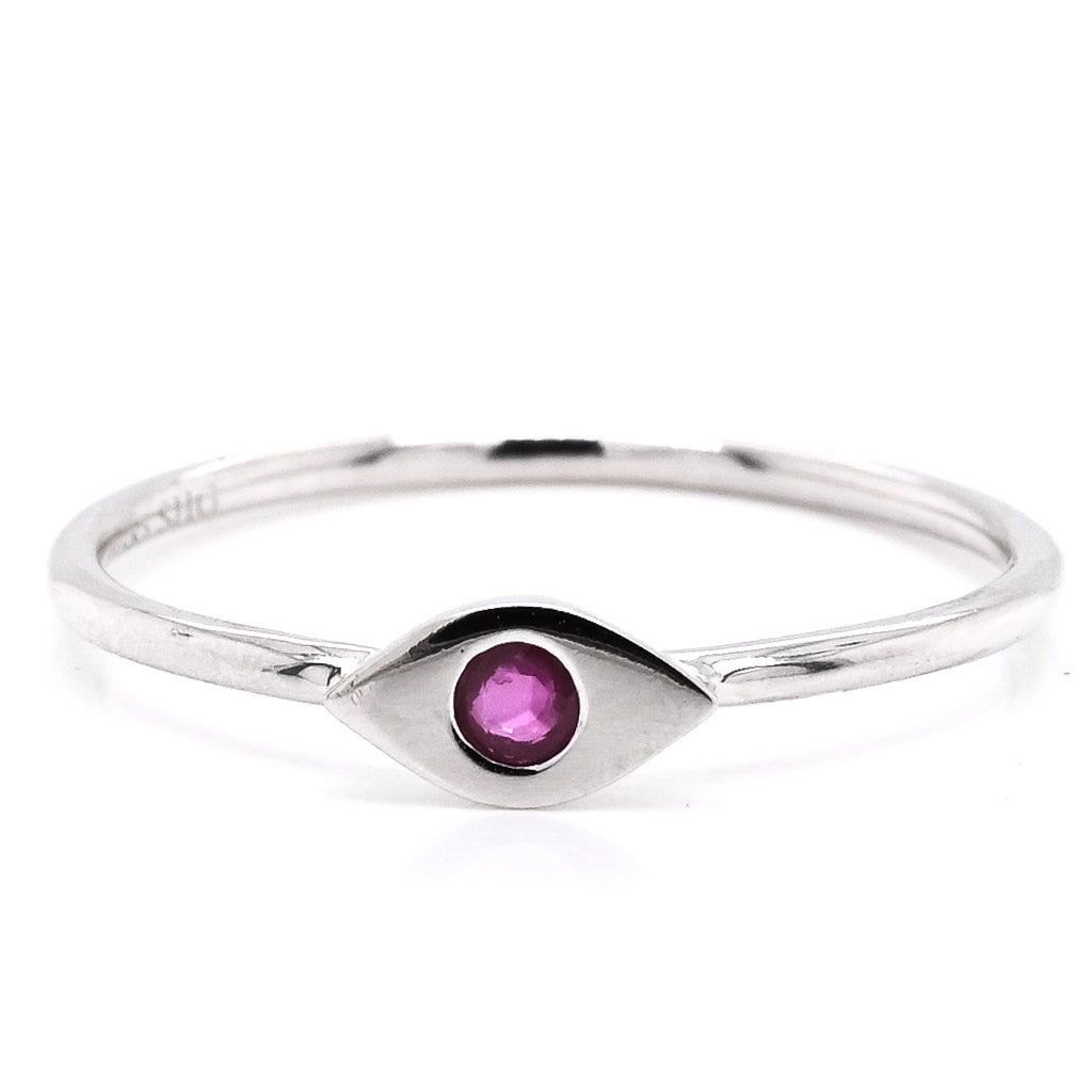 Graziella 14KT White Gold 0.05CT Round Ruby Evil Eye Ring - Size 6