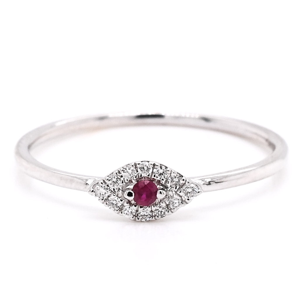 Graziella 14KT White Gold 0.03CT Round Ruby &amp; Diamond Evil Eye Ring - Size 6