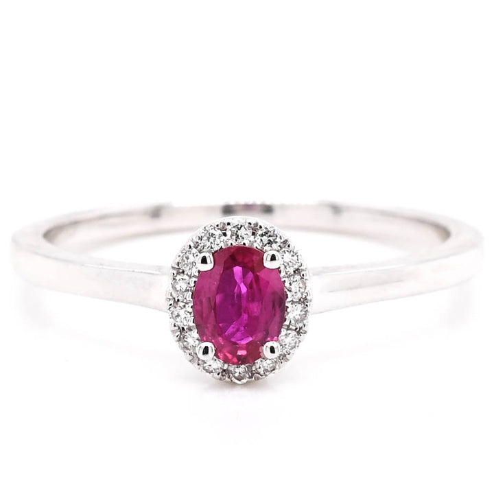 Graziella 18KT White Gold 0.25CT Ruby &amp; Diamond Halo Ring - Size 6.25