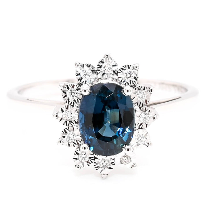 Graziella 14KT White Gold 1.07CT Oval Blue Sapphire &amp; Diamond Cluster Ring - Size 6.5