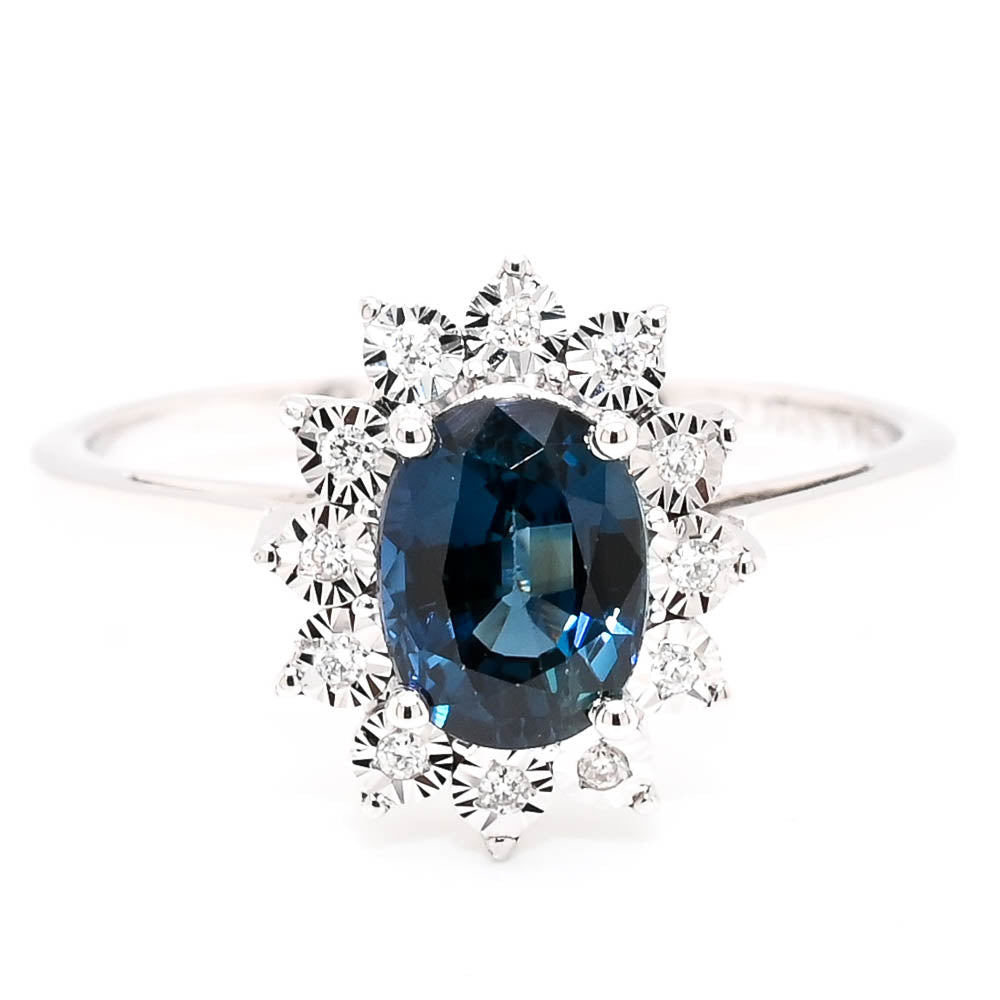 14KT White Gold 1.07CT Oval Shape Blue Sapphire &amp; Diamond Cluster Ring.