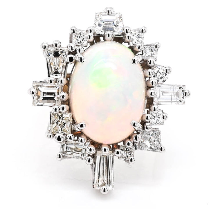 Graziella 14KT Yellow &amp; White Gold 6.25CT Opal &amp; Diamond Vintage Inspired Halo Ring - Size 7