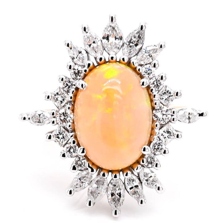 Graziella 14KT Yellow &amp; White Gold 4.65CT Opal &amp; Diamond Vintage Inspired Halo Ring - Size 7