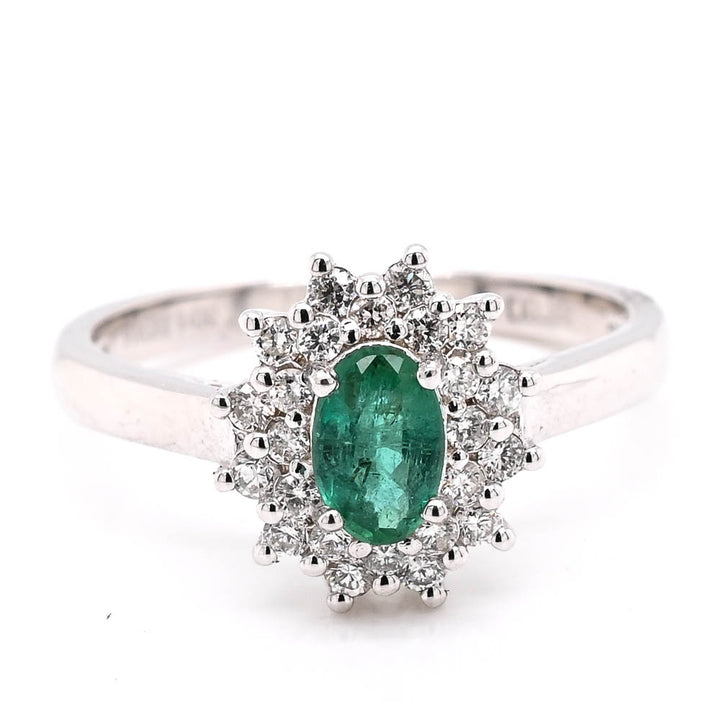 Graziella 14KT White Gold Emerald &amp; Diamond Cluster Ring - Size 7