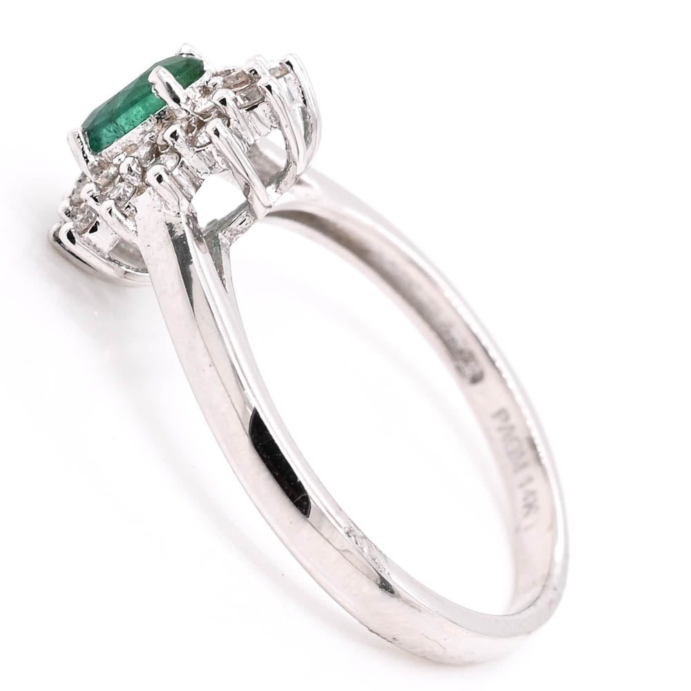 Graziella 14KT White Gold Emerald &amp; Diamond Cluster Ring - Size 7