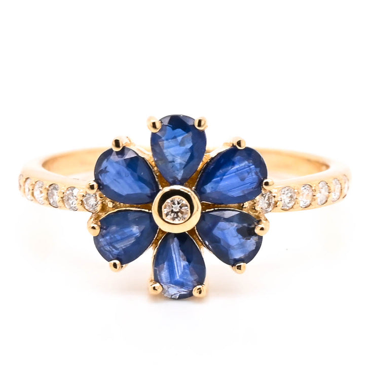 Graziella 14KT Yellow Gold Blue Sapphire &amp; Diamond Flower Ring - Size 6