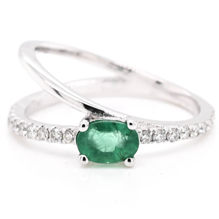 Graziella 14KT White Gold 0.35CT Oval Emerald &amp; Diamond Ring - Size 6.75