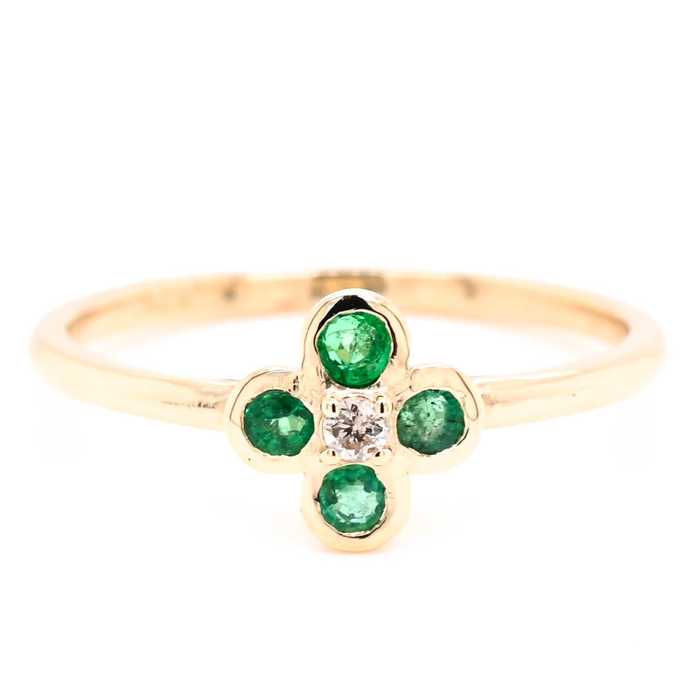 10KT Yellow Gold Emerald &amp; Diamond Flower Ring.