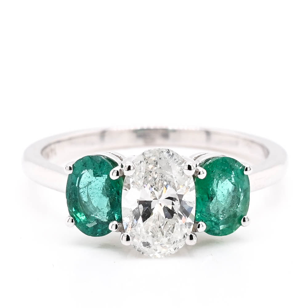 Graziella 14KT White Gold 0.81CT Oval Diamond &amp; Emerald Ring - Size 6.5