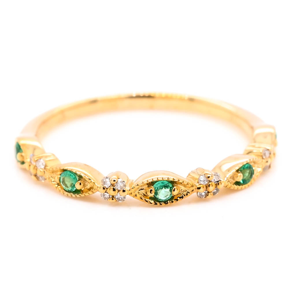 Graziella 10KT Yellow Gold 0.12CTW Emerald &amp; Diamond Ring - Size 7