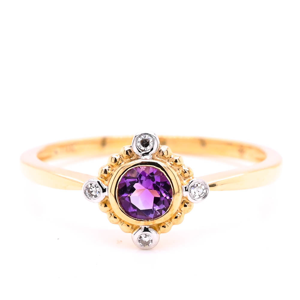 Graziella 10KT Yellow Gold 0.25CTW Amethyst &amp; Diamond Ring - Size 7