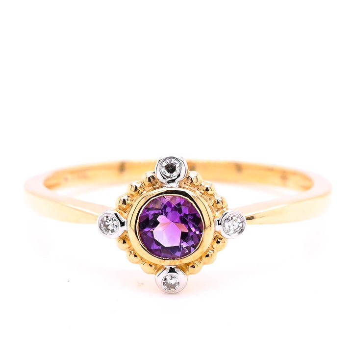 Graziella 10KT Yellow Gold 0.25CTW Amethyst &amp; Diamond Ring - Size 7