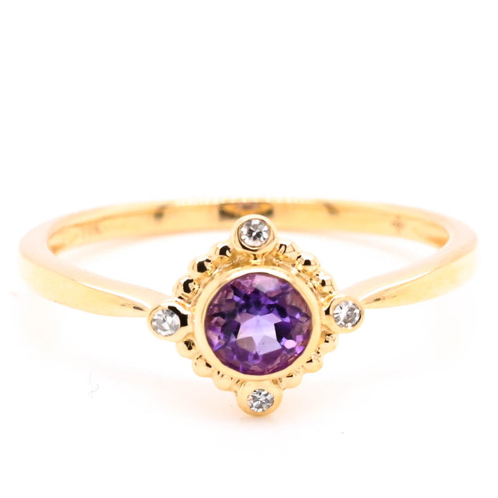Graziella 10KT Yellow Gold 0.25CT Amethyst &amp; Diamond Ring - Size 6.5