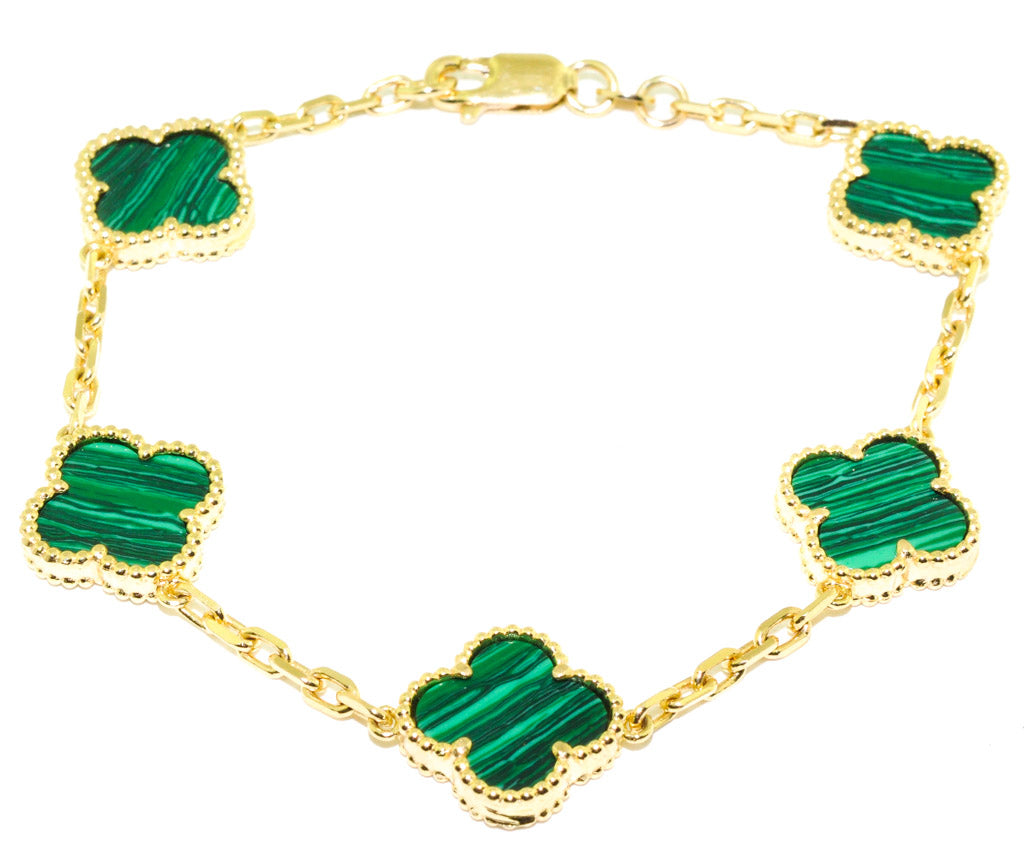Graziella 10KT Yellow Gold 8 Malachite Flower Bracelet