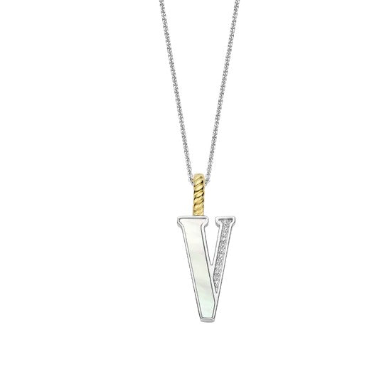 Ti Sento Sterling Silver 18 Gold Plated MOP Letter V Necklace