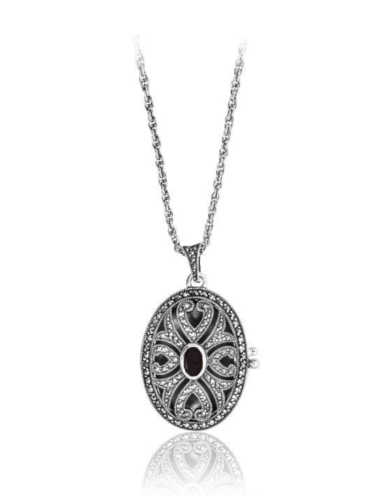 Larus Sterling Silver 24 Black Onyx &amp; Marcasite Locket Necklace