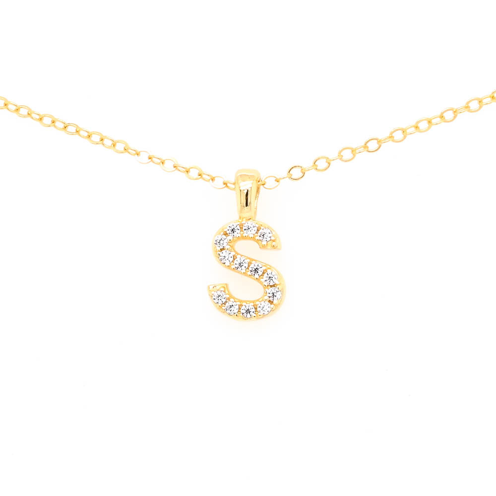 Graziella Sterling Silver Gold Vermeil Cubic Zirconia Pavé Letter S Necklace