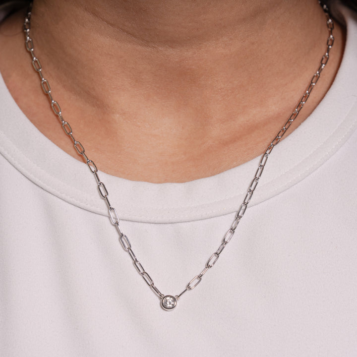 Sterling Silver 18" 5.3mm Bezel Set Round CZ Paperclip Necklace