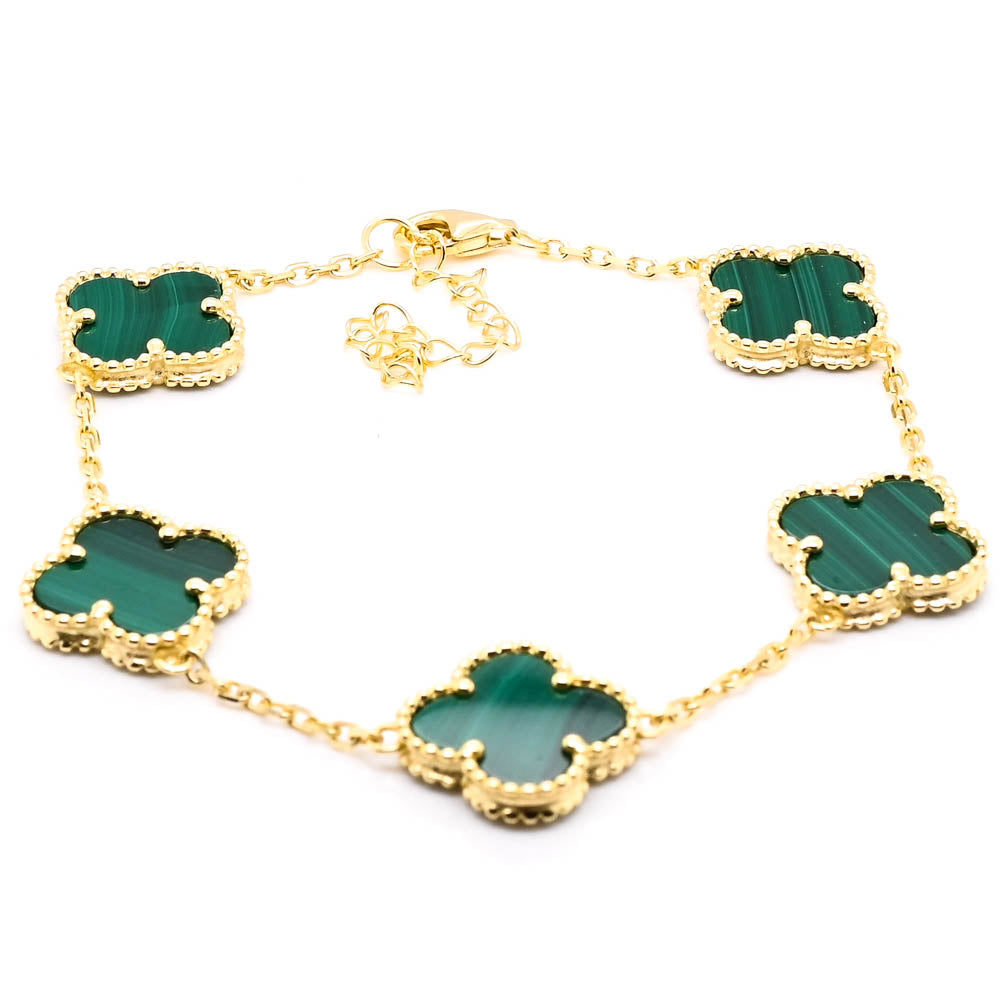 Sterling Silver  Yellow Gold Plated 8" Malachite Flower Bracelet.