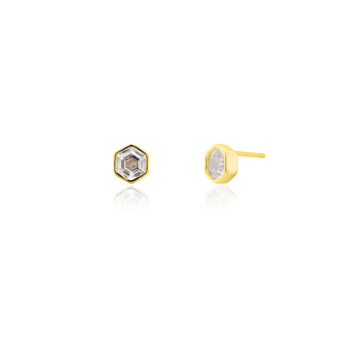 Graziella Sterling Siver Bevel Set CZ Hexagon Stud Earrings.