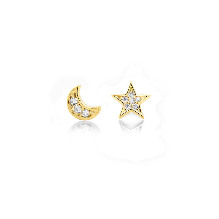 Graziella Sterling Silver Gold Vermeil CZ Mismatched Moon and Star Stud Earings.