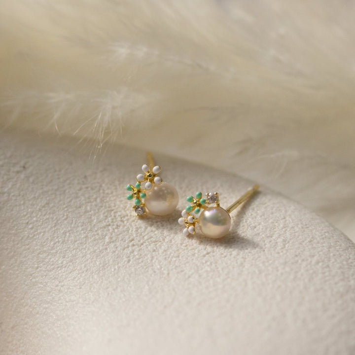 Graziella Sterling Silver Gold Vermeil CZ Pearl Double Flowers Stud Earrings.