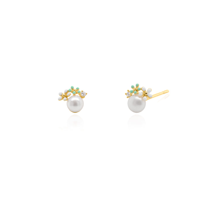 Graziella Sterling Silver Gold Vermeil CZ Pearl Double Flowers Stud Earrings.