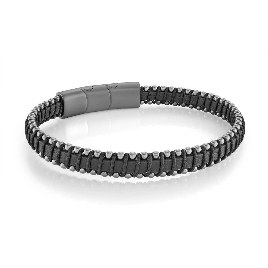 Italgem Steel Gun-Metal IP 8" Black Cord Bracelet.