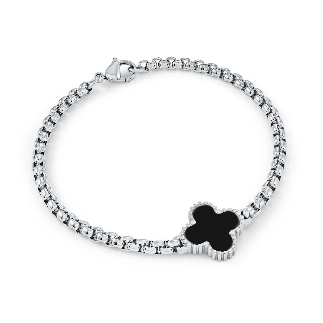Italgem Steel Black IP 8.5" 17mm Black Onyx Lucky-Clover Bracelet