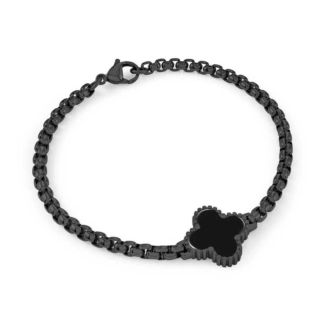 Italgem Steel Black IP 8.5" 17mm Black Onyx Lucky-Clover Bracelet