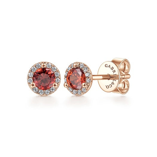 Gabriel & Co 14KT Rose Gold 0.33CTW Garnet & Diamond Halo Set Stud Earrings.