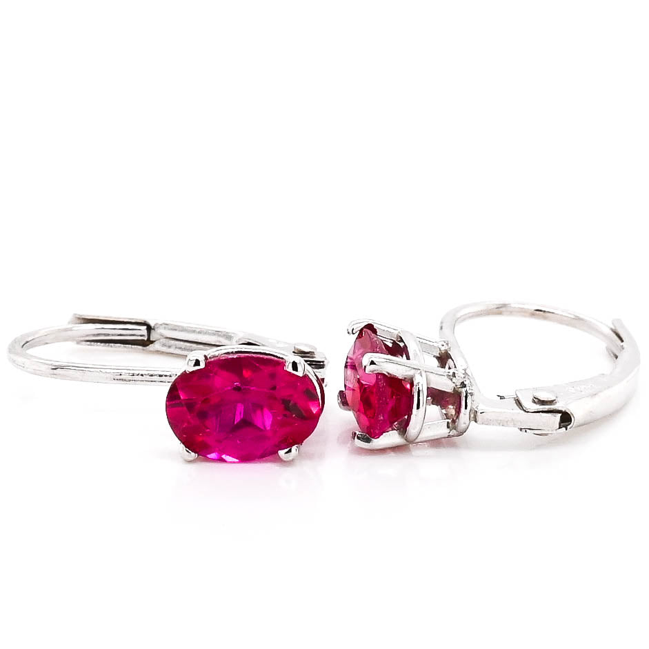 14KT White Gold 6x4mm Oval Shape Simulated Ruby Leverback Earrings.
