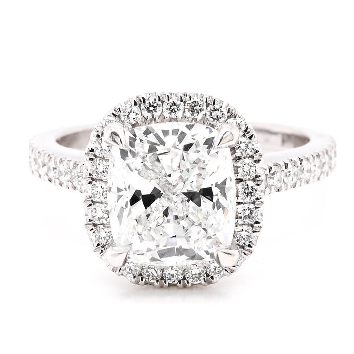 Platinum 3.67CTW Cushion Cut LAB Created Diamond Halo Set Engagement Ring.