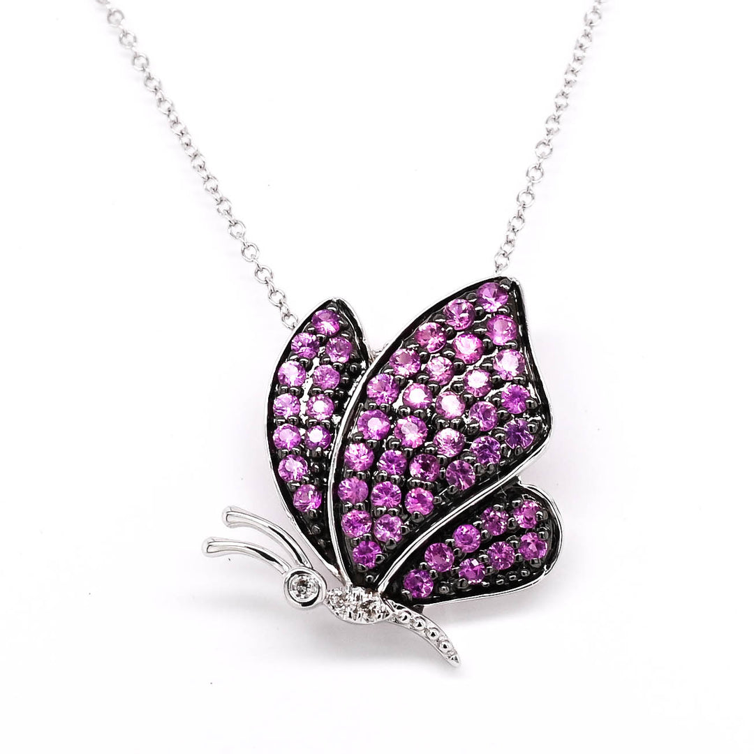 10KT White Gold 18" 0.45CTW Pink Sapphire and Diamond Butterfly Necklace.