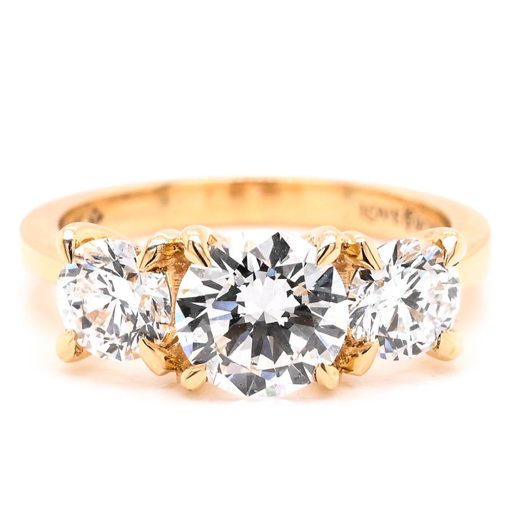 14KT Yellow Gold 2.00CTW Round Brilliant Lab Grown Diamond Trinity Engagement Ring.